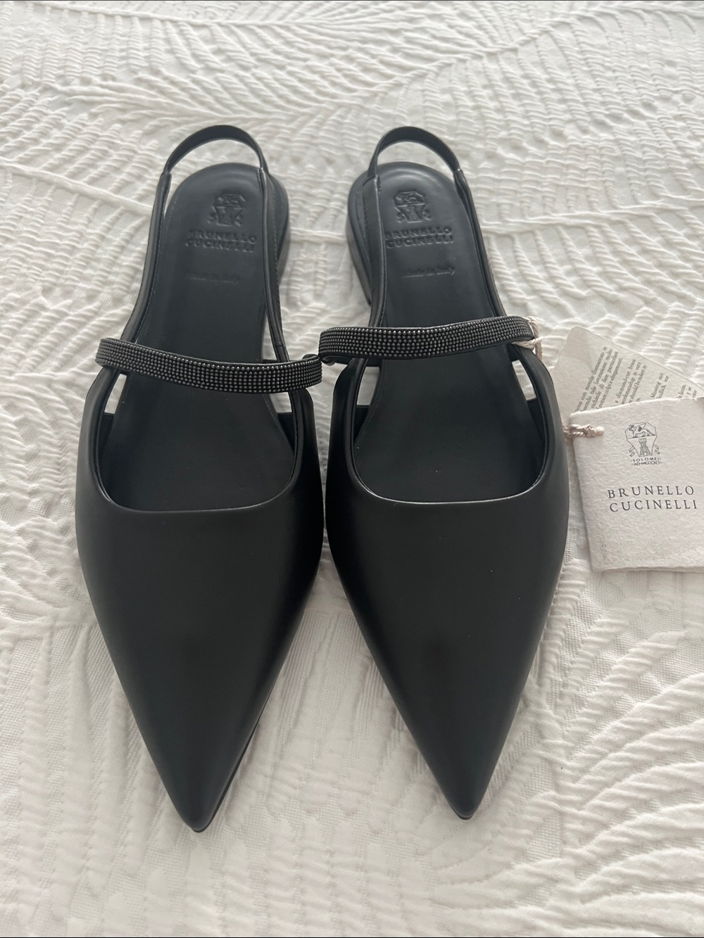 Brunello Cucinelli Black Pointed Slingback Mules with Beaded Strap